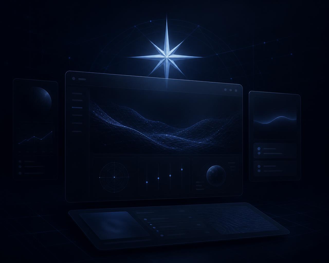 Abstract dark interface mockup of a local business website with a north star symbol